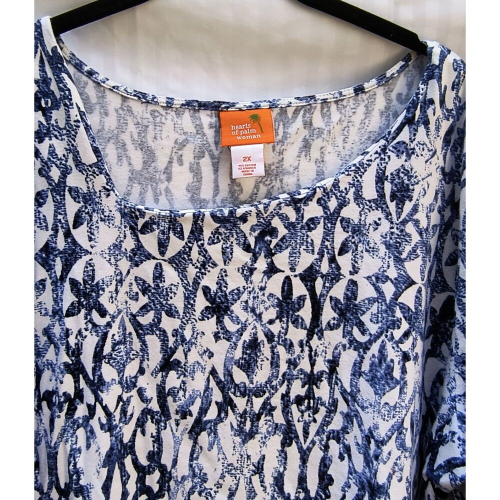 Hearts Of Palm Woman 2X Blue & White Floral Print Scoop Neck 3/4 Sleeve Top - Picture 3 of 6